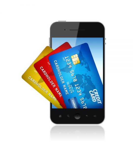 Mobile smart phone with bunch of credit card on a screen. Electronic payments concept image. Isolated on white. Map from: http://www.lib.utexas.edu/maps/world.html